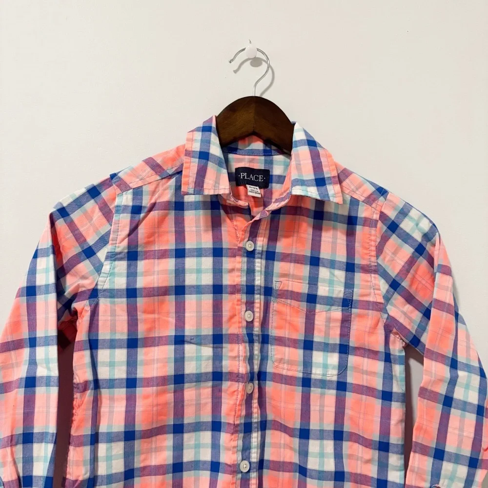 The Children's Place Kids‎ Orange and Blue Plaid Button-Down Shirt Boys Size 7/8